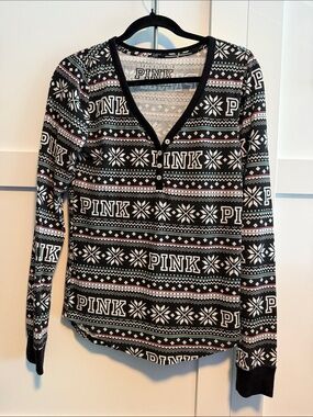 PINK Victoria's Secret Black & White Fair Isle Logo Henley Top